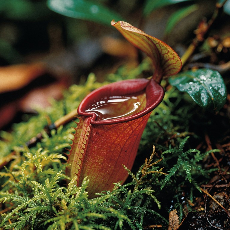 Pitcher plant nestled in moss, water collected inside the cu... | ShopAyahuascaRetreats