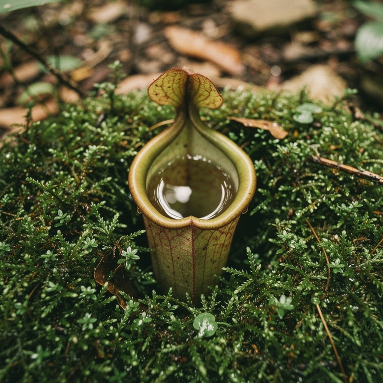 Pitcher plant nestled in moss, water collected inside the cu... | ShopAyahuascaRetreats