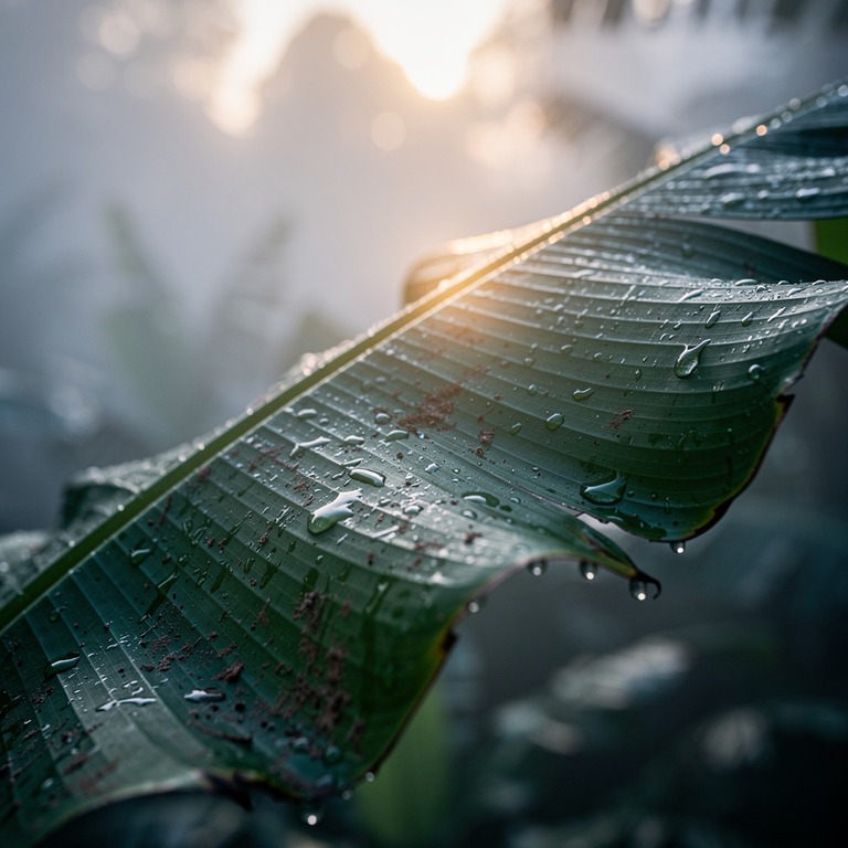 Raindrops cling to the intricate veins of a large banana lea... | ShopAyahuascaRetreats