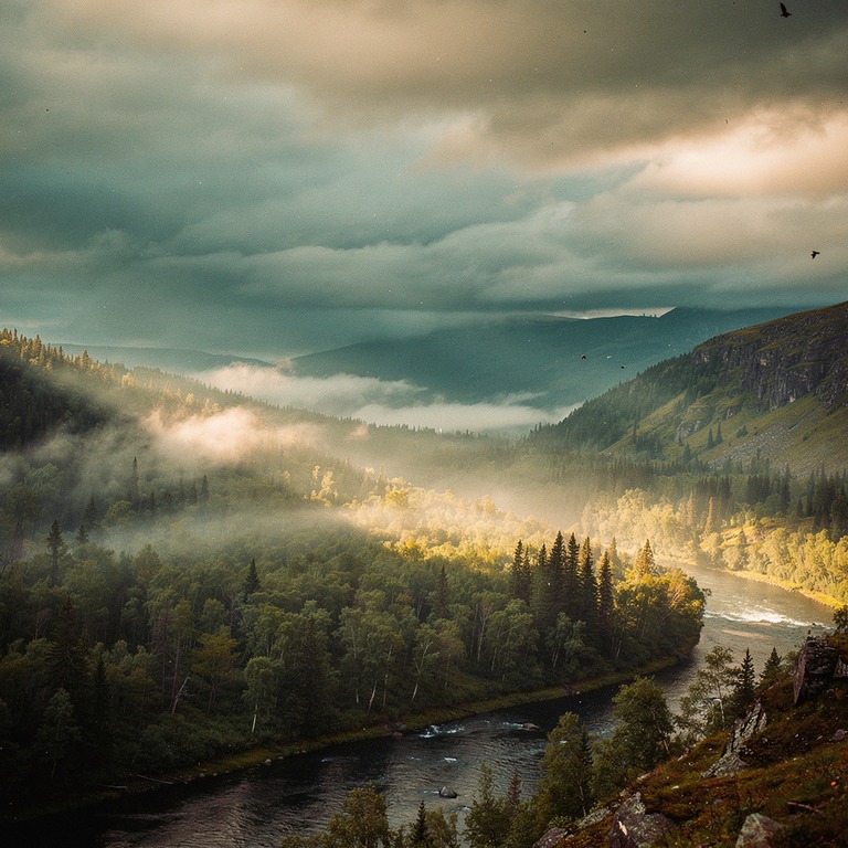 Sun shafts breaking through storm clouds over a forested val... | ShopAyahuascaRetreats