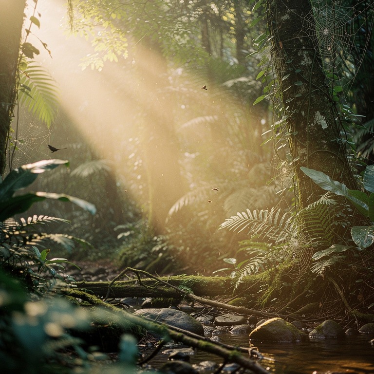 Sunbeam piercing through deep rainforest mist, layered green... | ShopAyahuascaRetreats