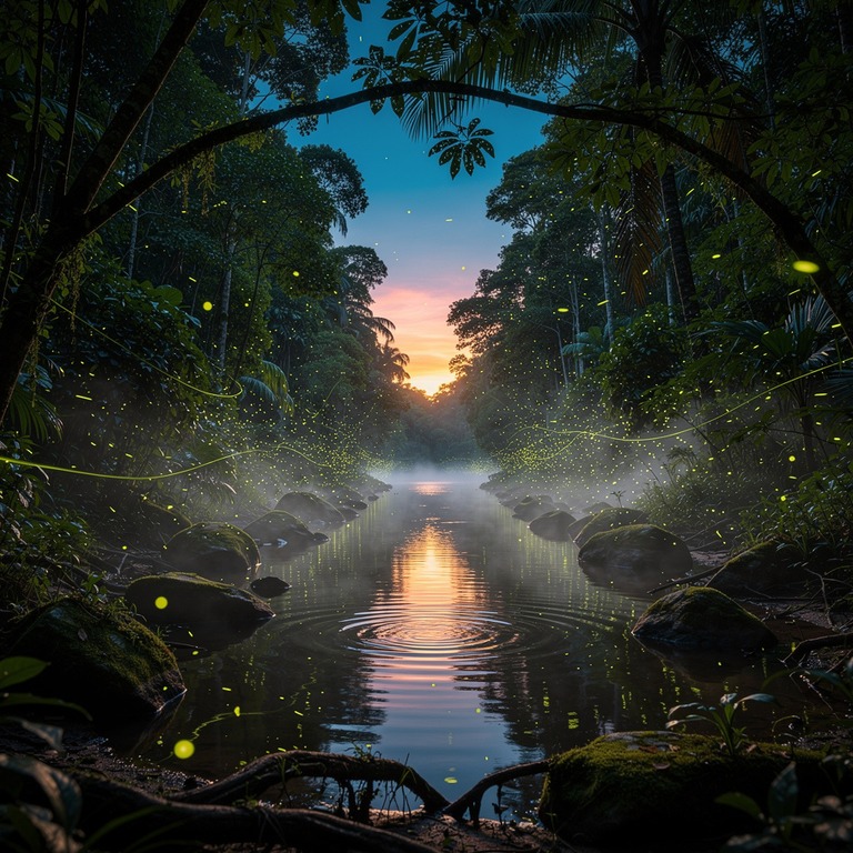 Twilight in the Amazon, fireflies appearing among the trees | ShopAyahuascaRetreats