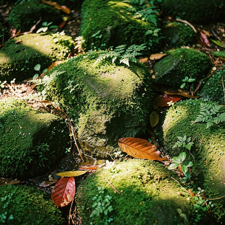 Vivid green moss carpet on rainforest boulders, dappled sun | ShopAyahuascaRetreats