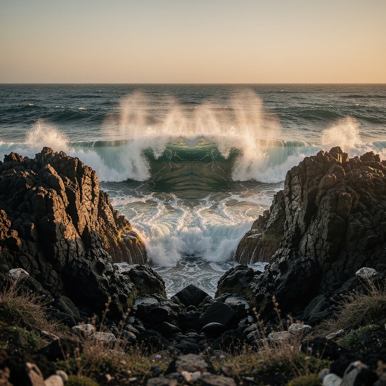 Waves breaking on dark volcanic rock at golden hour | ShopAyahuascaRetreats