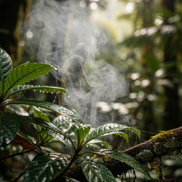 Wisps of steam rising from wet rainforest leaves after a dow... | ShopAyahuascaRetreats