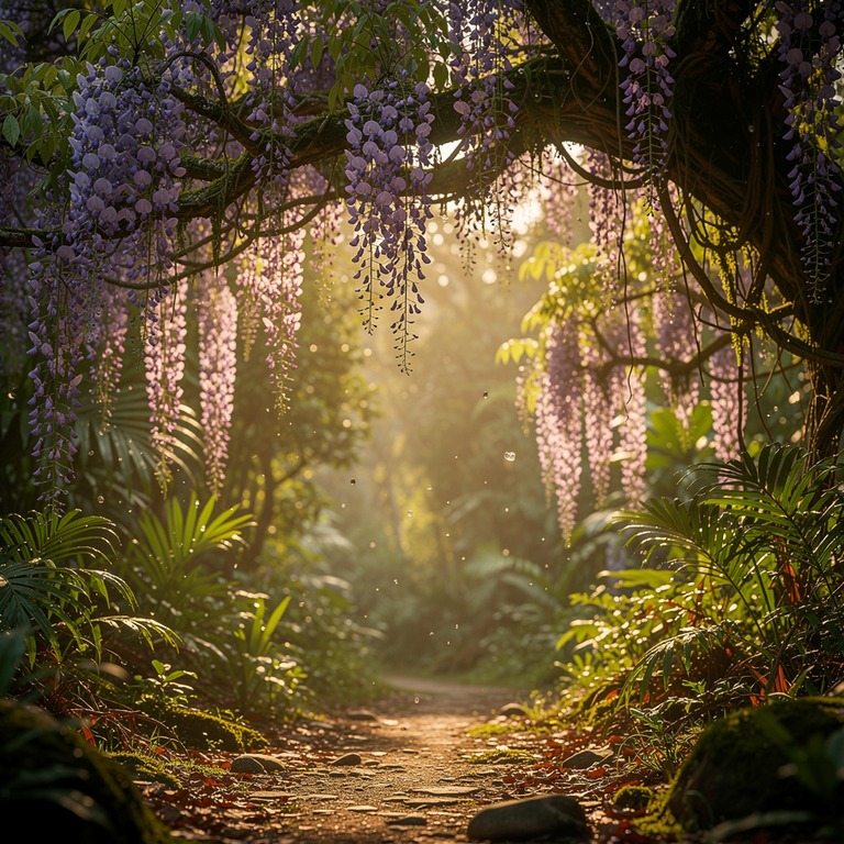 Wisteria vines hanging in heavy purple curtains over a jungl... | ShopAyahuascaRetreats