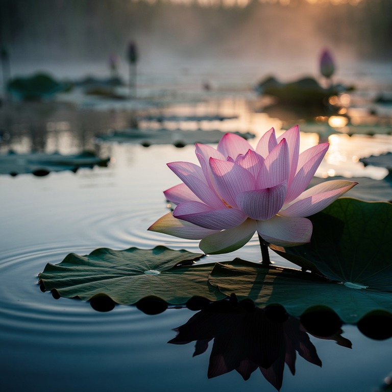 A blooming lotus flower on a tranquil pond's surface, with t... | ShopAyahuascaRetreats