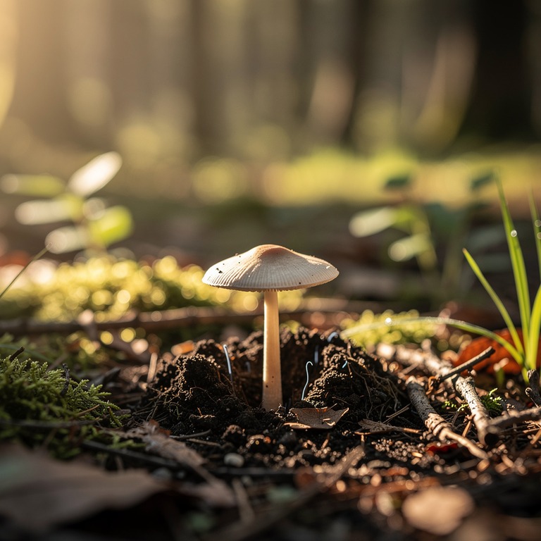 A close-up of a sprouting mushroom, pushing through the eart... | ShopAyahuascaRetreats