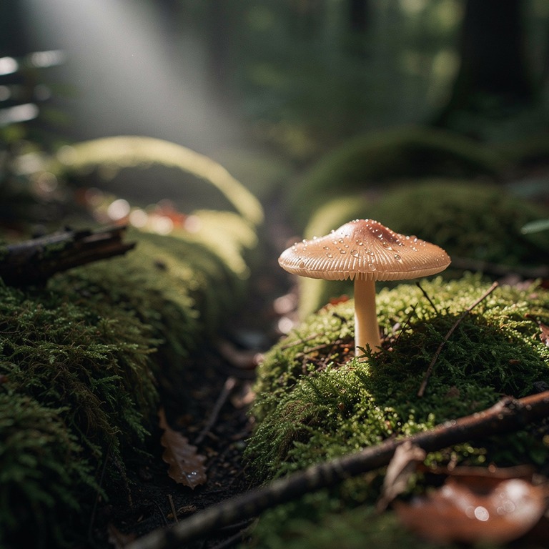 A delicate, translucent mushroom cap glistens with dew on a ... | ShopAyahuascaRetreats