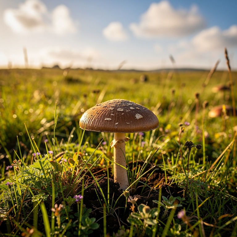 A lone mushroom grows in a lush green meadow under a sunny s... | ShopAyahuascaRetreats