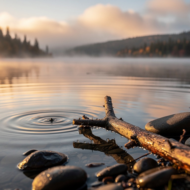 A misty dawn breaks over a serene lake, with gentle ripples ... | ShopAyahuascaRetreats