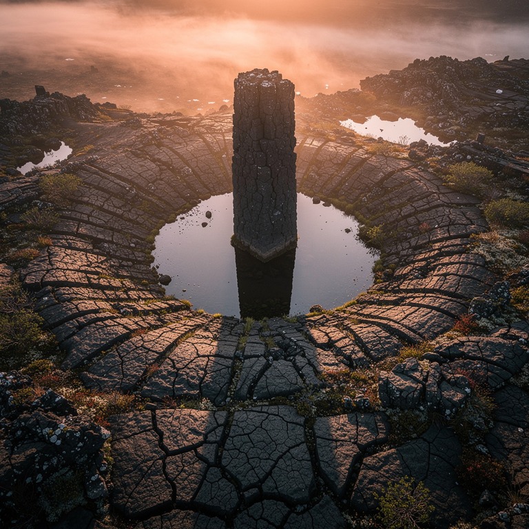 A rugged, volcanic landscape at sunset, with a lone, dark, b... | ShopAyahuascaRetreats