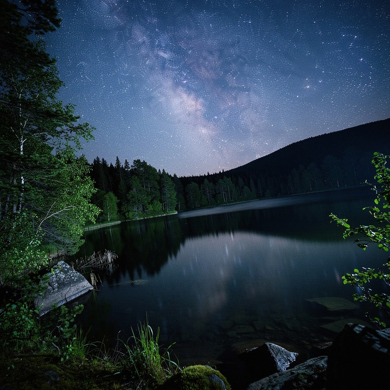A serene, moonlit night sky over a calm, dark lake, with the... | ShopAyahuascaRetreats