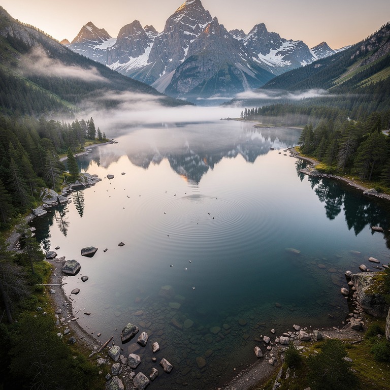 A serene mountain lake at dawn, with a still misty atmospher... | ShopAyahuascaRetreats