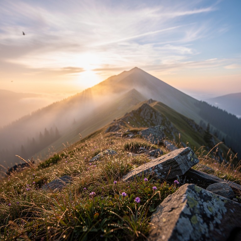A serene mountain ridge at sunrise with a gentle mist, symbo... | ShopAyahuascaRetreats