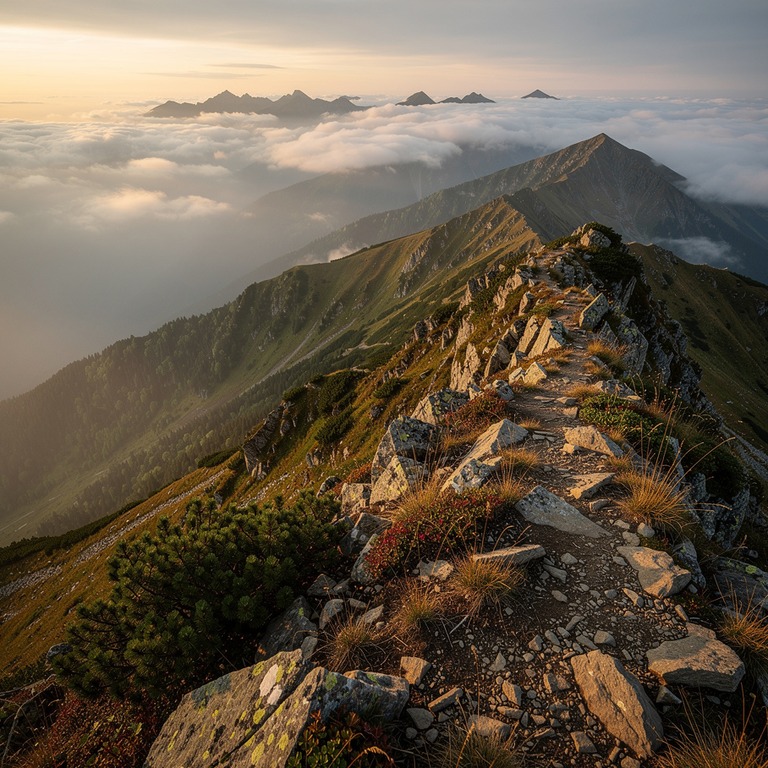 A serene mountain ridge at sunrise, with misty valleys below... | ShopAyahuascaRetreats