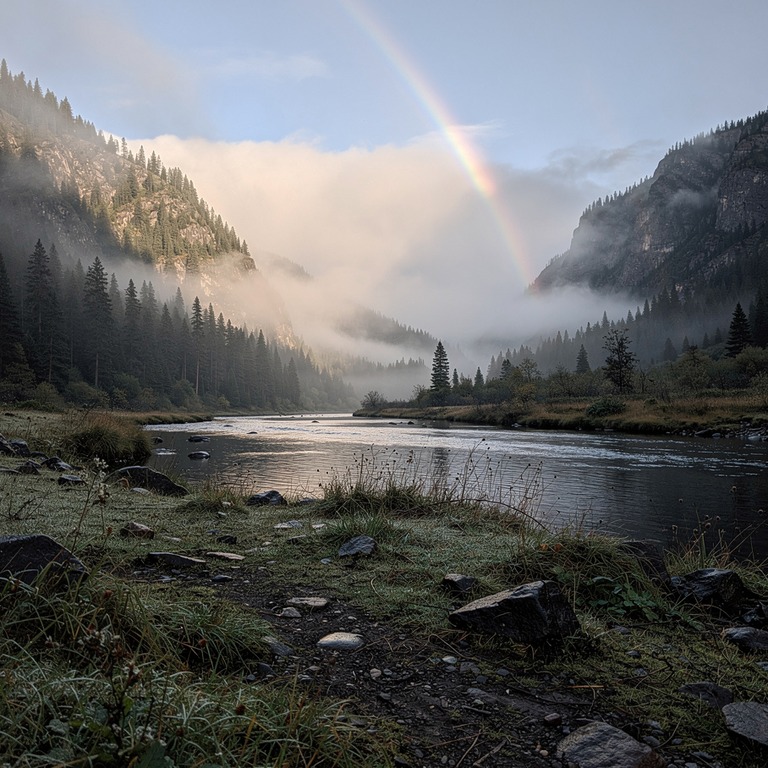 A serene mountain valley at dawn, with misty fog rolling in ... | ShopAyahuascaRetreats