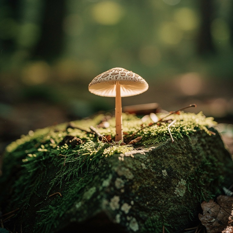 A small, delicate psilocybin mushroom cap sits alone on a mo... | ShopAyahuascaRetreats