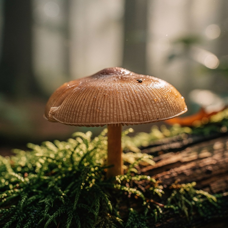 A solitary psilocybe mushroom grows on a moss-covered log in... | ShopAyahuascaRetreats