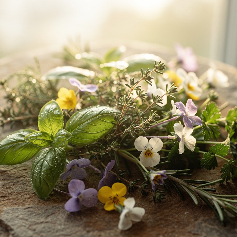 A still life of fresh herbs and edible flowers arranged on a... | ShopAyahuascaRetreats