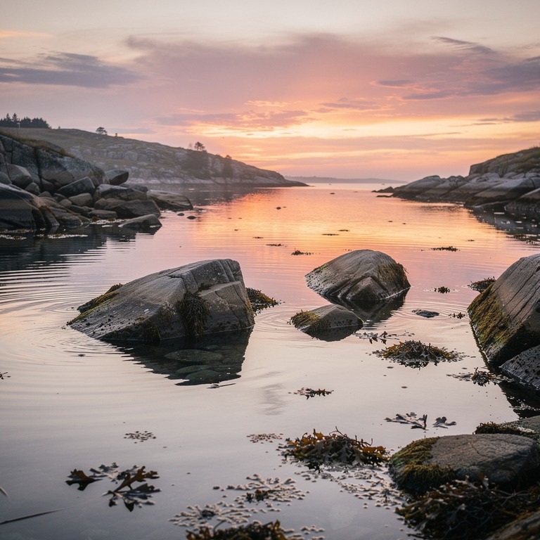 A tranquil cove at sunset, with a few rocky outcrops and a s... | ShopAyahuascaRetreats