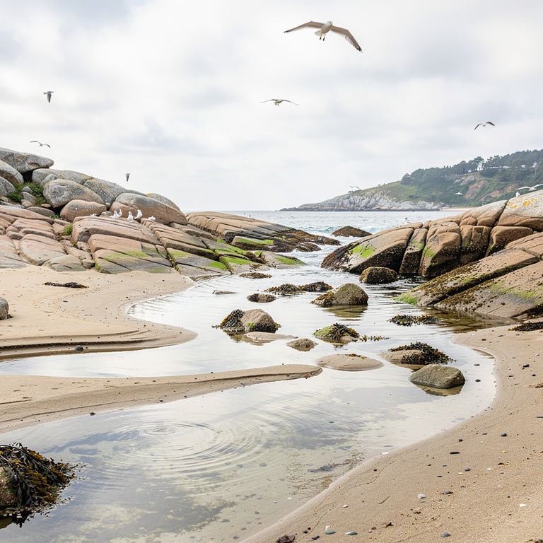 A tranquil sea cove at low tide, with tide pools reflecting ... | ShopAyahuascaRetreats