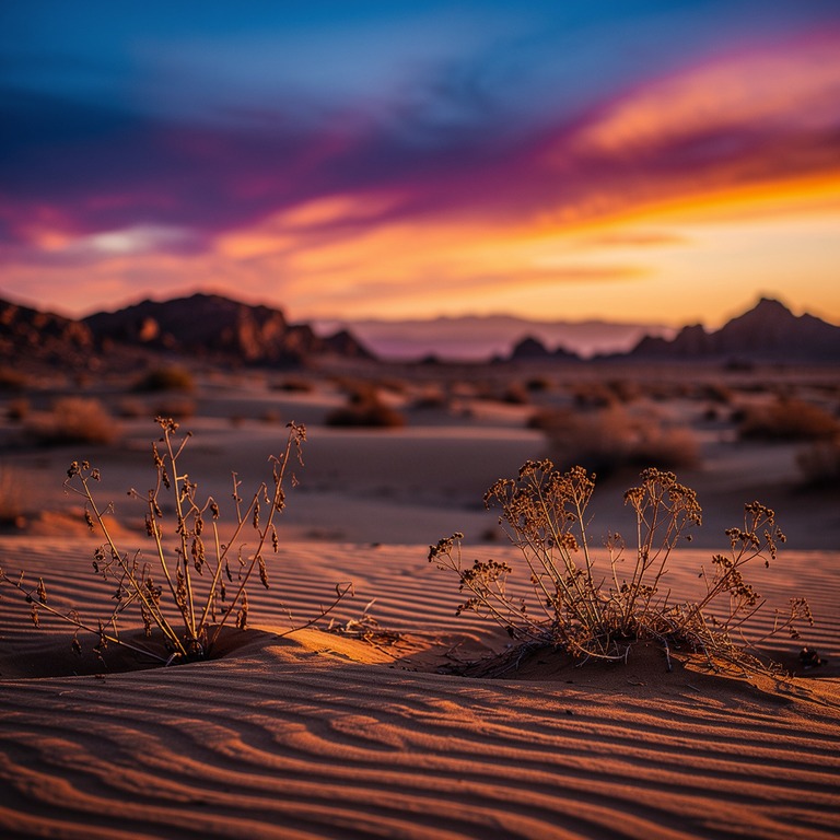 A vast, arid desert landscape at sunset, with a few withered... | ShopAyahuascaRetreats