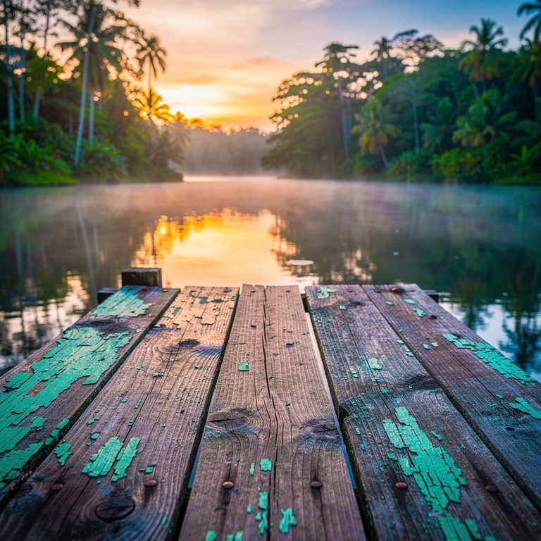 A weathered wooden dock extending into a calm, mirror-like l... | ShopAyahuascaRetreats