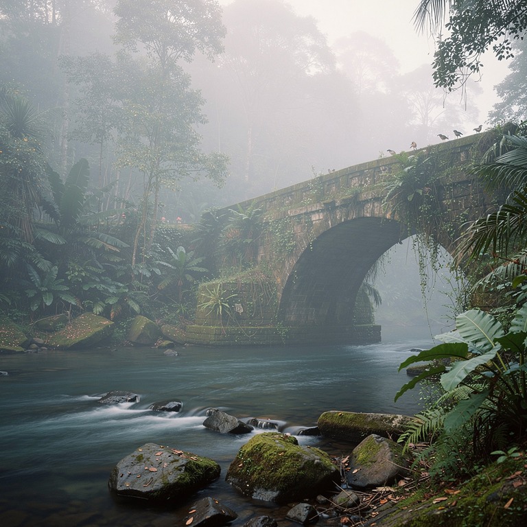 Ancient stone bridge over a quiet jungle stream, soft fog | ShopAyahuascaRetreats