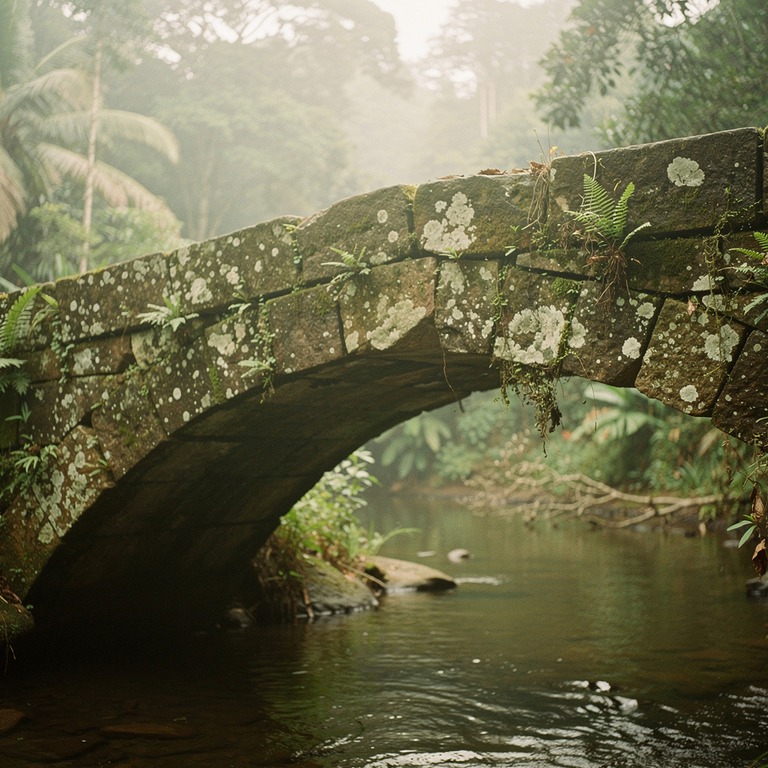 Ancient stone bridge over a quiet jungle stream, soft fog | ShopAyahuascaRetreats