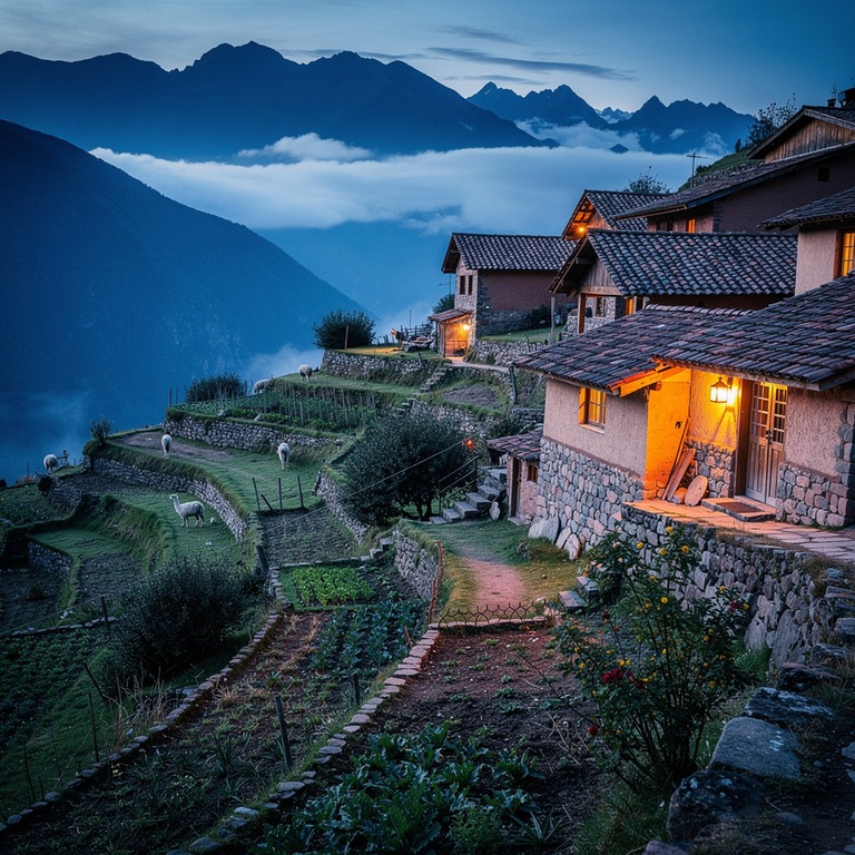 Andean mountain village in the late afternoon, terraced fiel... | ShopAyahuascaRetreats
