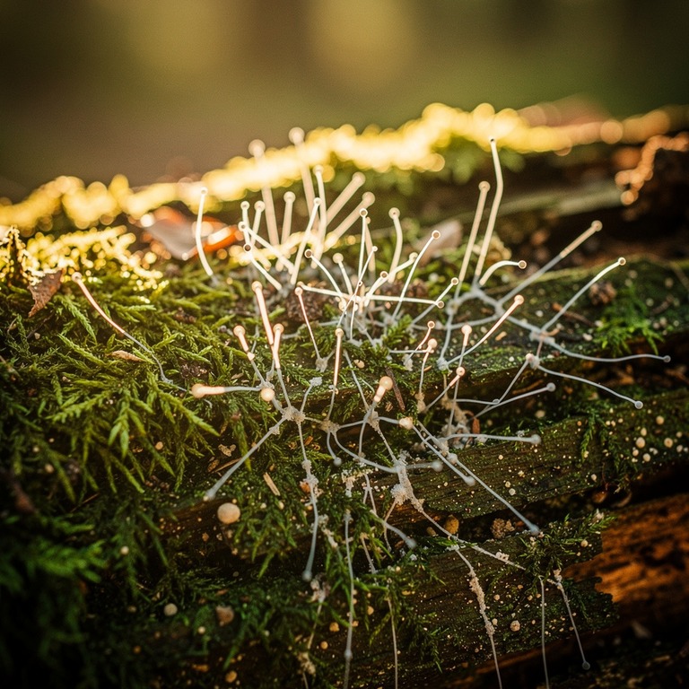 Delicate mycelium grows on a moss-covered log, backlit by wa... | ShopAyahuascaRetreats