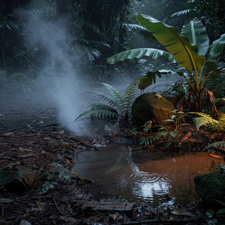 Jungle clearing after heavy rain, steam rising from leaf lit... | ShopAyahuascaRetreats