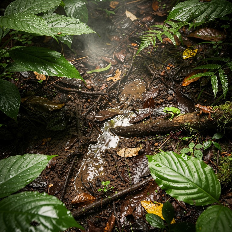 Jungle clearing after heavy rain, steam rising from leaf lit... | ShopAyahuascaRetreats