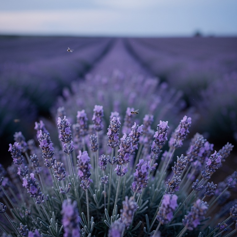 Lavender field at dusk, rows fading into soft purple haze | ShopAyahuascaRetreats