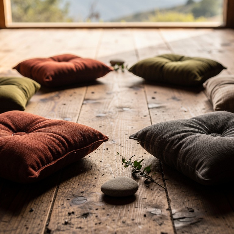 Meditation cushions arranged in a circle on a wooden floor | ShopAyahuascaRetreats
