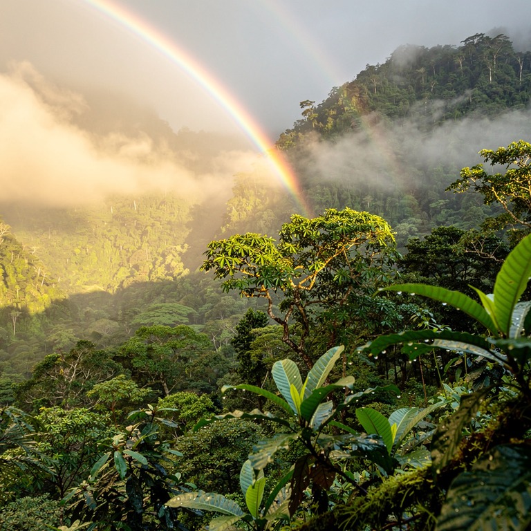Rainbow arching over a misty rainforest valley after a storm | ShopAyahuascaRetreats