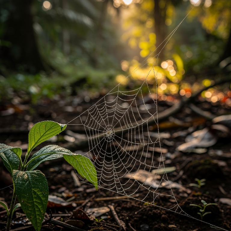 Spider's web stretched between two leaves with morning dew | ShopAyahuascaRetreats