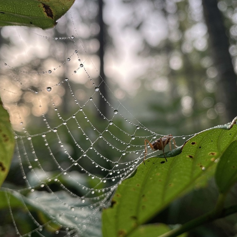 Spider's web stretched between two leaves with morning dew | ShopAyahuascaRetreats