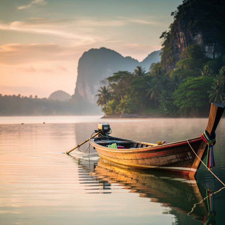 Thai longtail boat on a still lagoon at dawn | ShopAyahuascaRetreats