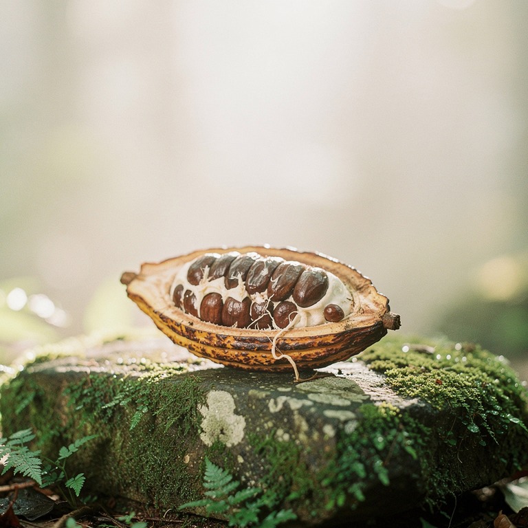 A cacao pod lies open on a mossy stone, revealing its inner ... | ShopAyahuascaRetreats