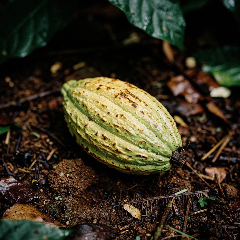 A close-up of a delicate, unopened cacao pod covered in dew,... | ShopAyahuascaRetreats
