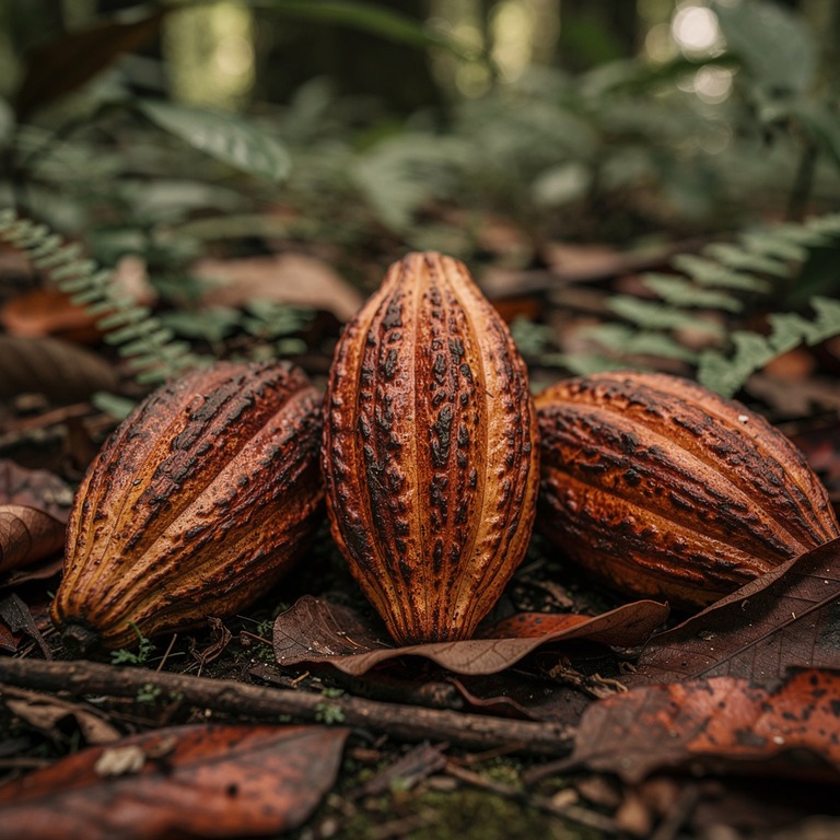 A close-up of a few cacao pods on a forest floor, surrounded... | ShopAyahuascaRetreats
