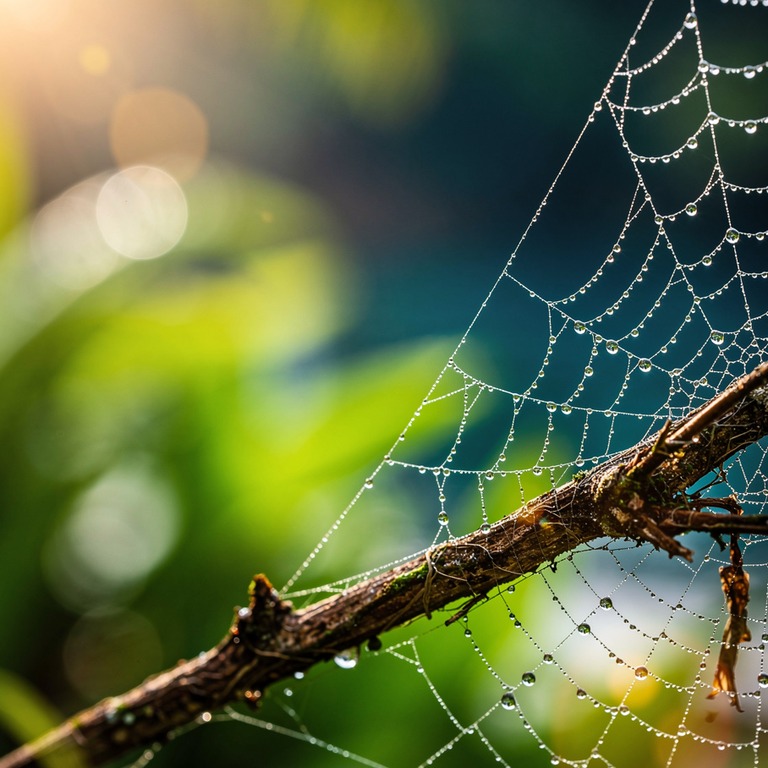 A close-up of a fragile, dew-dropped spider web clinging to ... | ShopAyahuascaRetreats