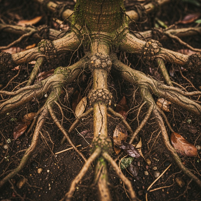 A close-up of a sprawling, gnarled root system, with twisted... | ShopAyahuascaRetreats