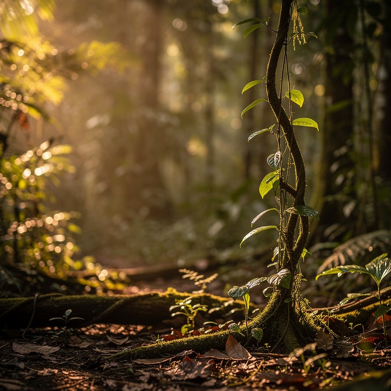 A lone ayahuasca vine grows in dappled light on the forest f... | ShopAyahuascaRetreats