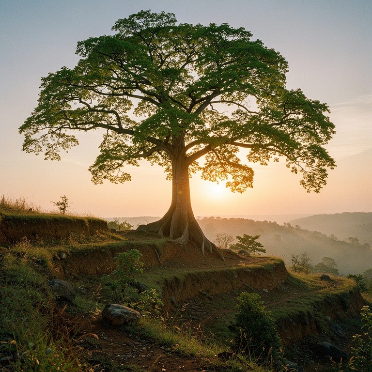 A lone ceiba tree stands tall on a terraced hillside at dawn... | ShopAyahuascaRetreats