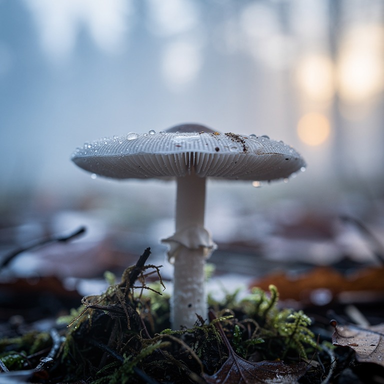 A lone psilocybe mushroom grows in a misty, dawn-lit forest ... | ShopAyahuascaRetreats