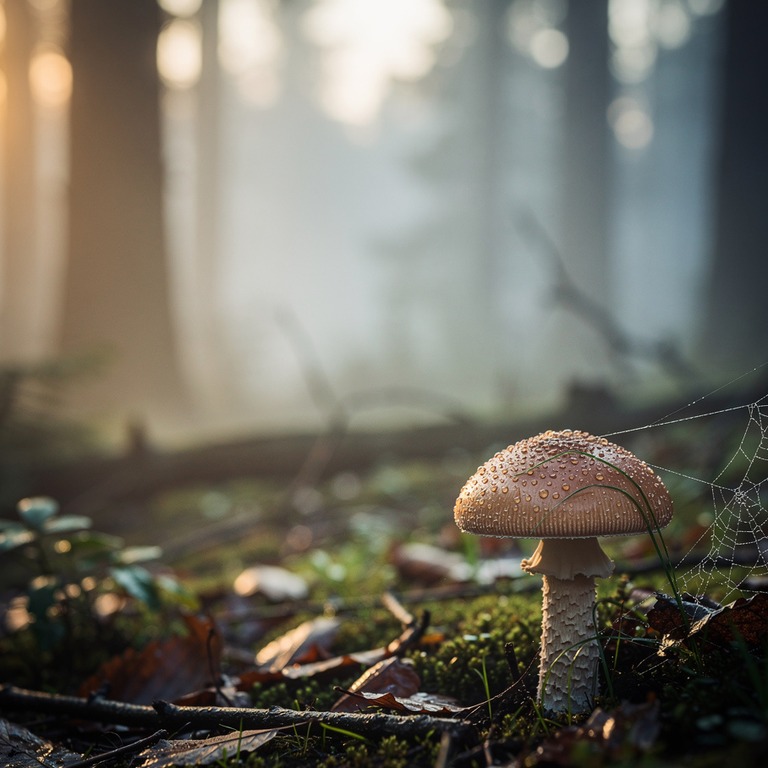 A lone psilocybin mushroom grows in a misty, dawn-lit forest... | ShopAyahuascaRetreats