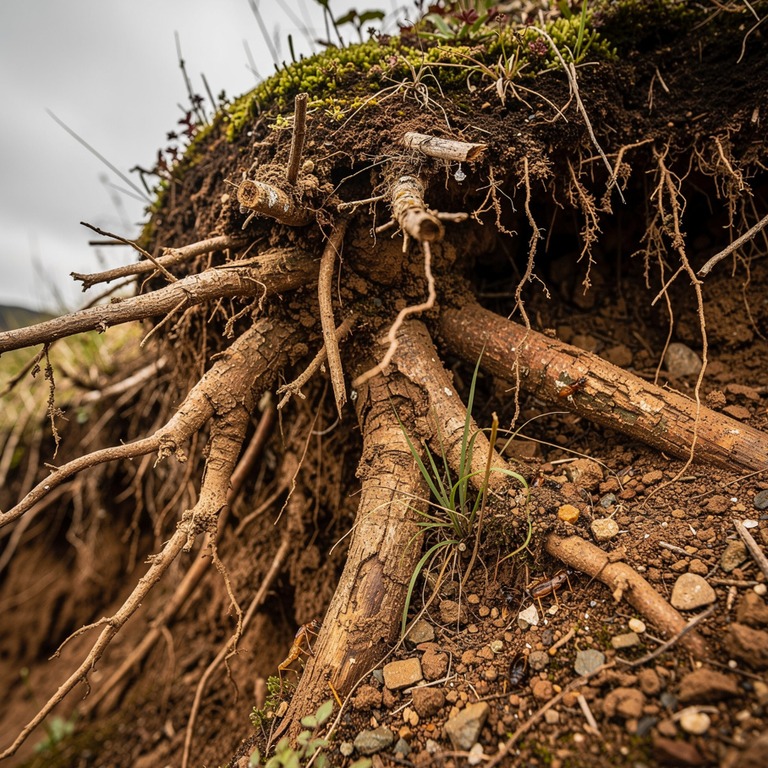 A macro photograph of a root system growing in the earth, wi... | ShopAyahuascaRetreats